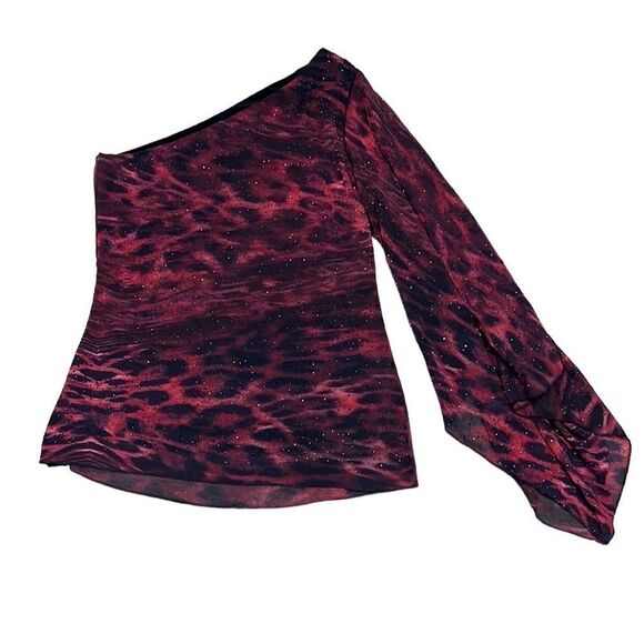 Grayse Women’s XS Elegant One Shoulder Sleeve Red & Black Evening Blouse Shirt - Picture 9 of 10